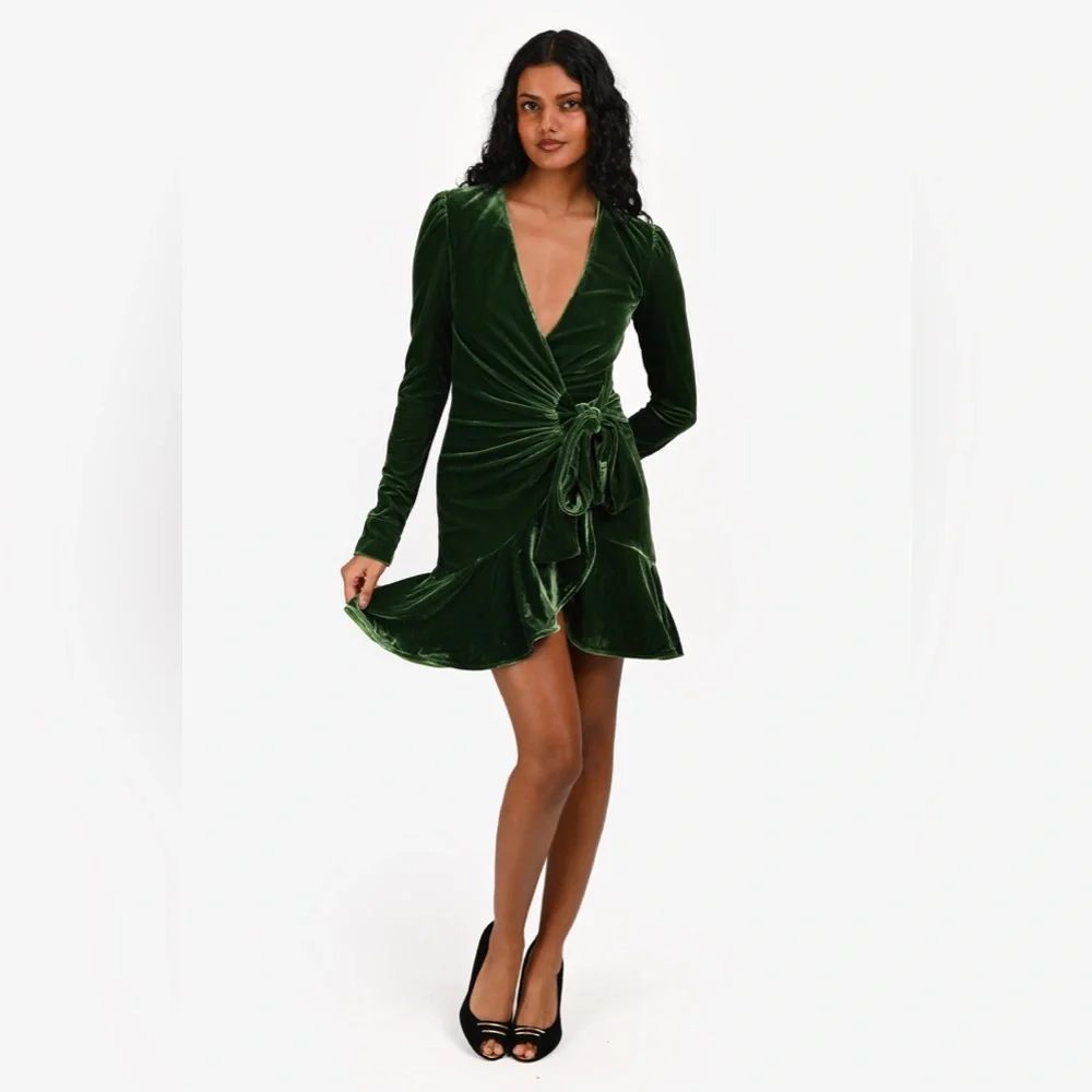 green velvet bardot dress Women's Emerald Green Velvet Bardot Ruffle Bodycon Dress